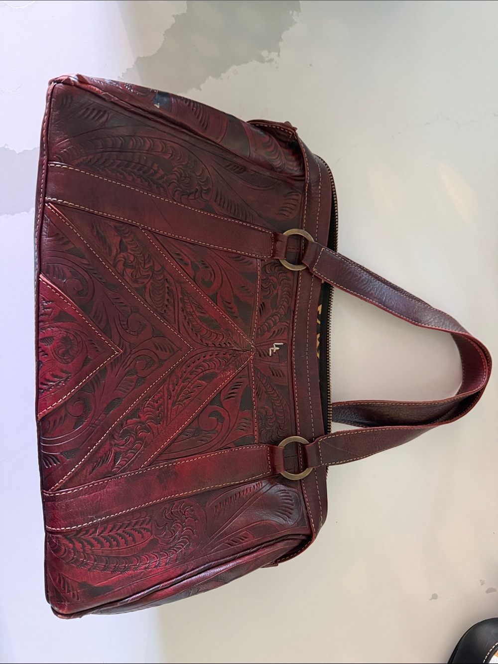 Embossed Shoulder Tote Bag - Wine Red